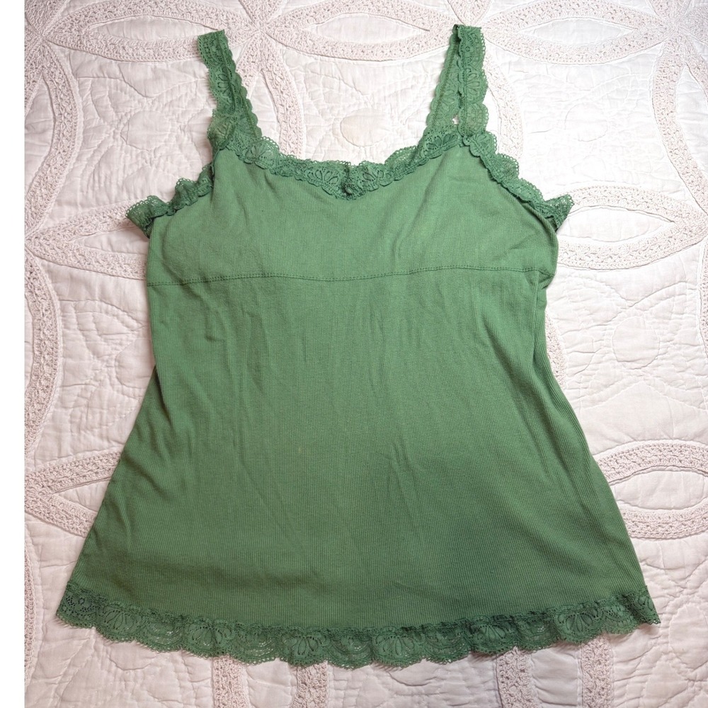 Y2K Faded Glory Camisole Green Lace Trim Ribbed Layering Fairycore XL 16/18